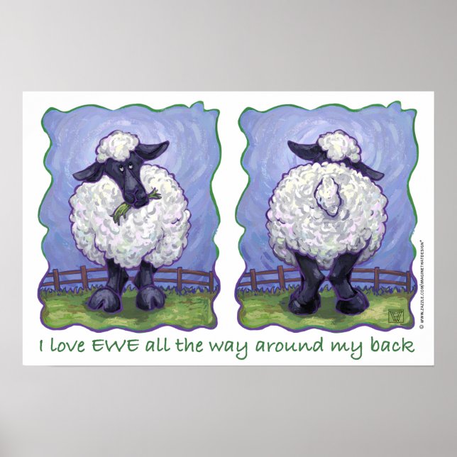 Cute Sheep Heads and Tails I Love EWE Poster (Front)