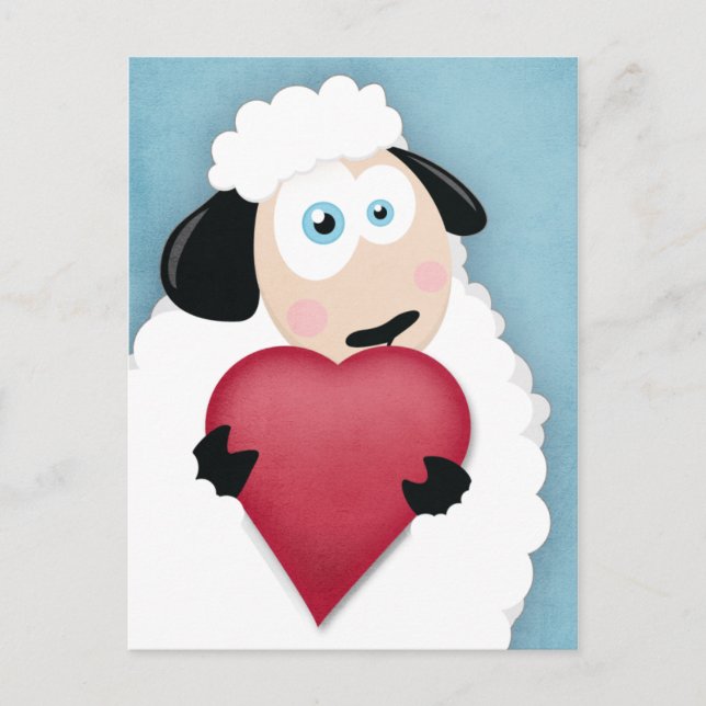 Cute Sheep Holding Love Heart Postcards (Front)