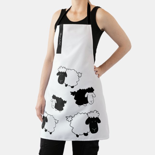 Cute Sheep Illustration Black And White Monogram Apron (Insitu)