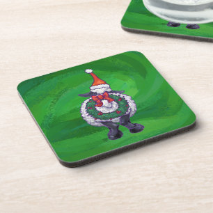 Cute Sheep in Santa Hat On Green Coaster