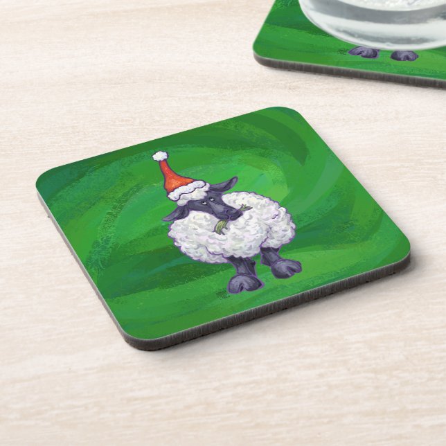 Cute Sheep in Santa Hat On Green Coaster (Left Side)