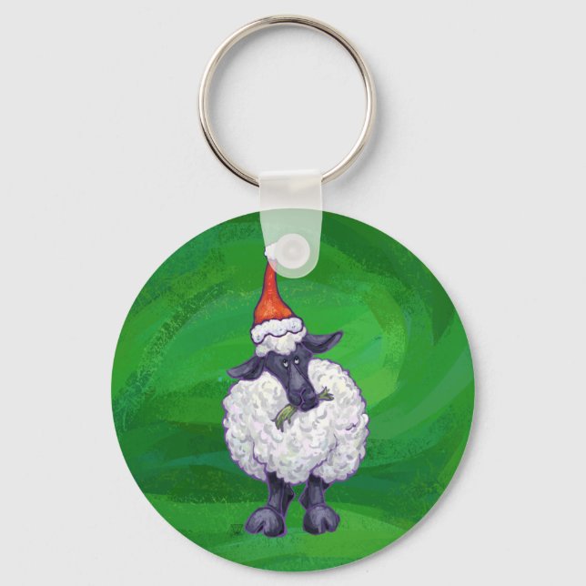 Cute Sheep in Santa Hat On Green Key Ring (Front)