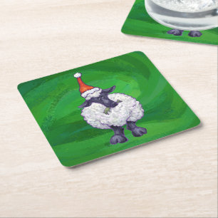 Cute Sheep in Santa Hat On Green Square Paper Coaster