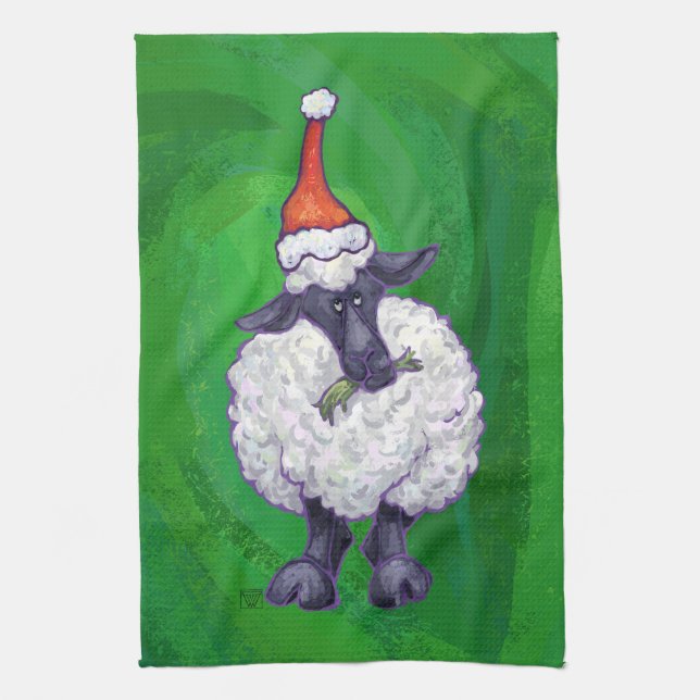 Cute Sheep in Santa Hat On Green Tea Towel (Vertical)