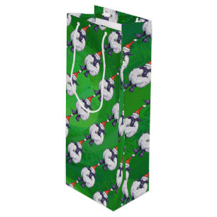 Cute Sheep in Santa Hat On Green Wine Gift Bag