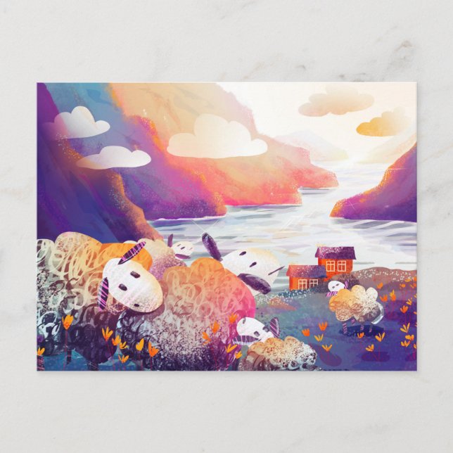 Cute sheep in the mountains near the lake postcard (Front)