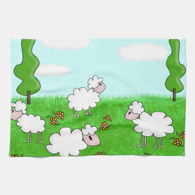 Cute Sheep Kids Illustration Tea Towel (Horizontal)