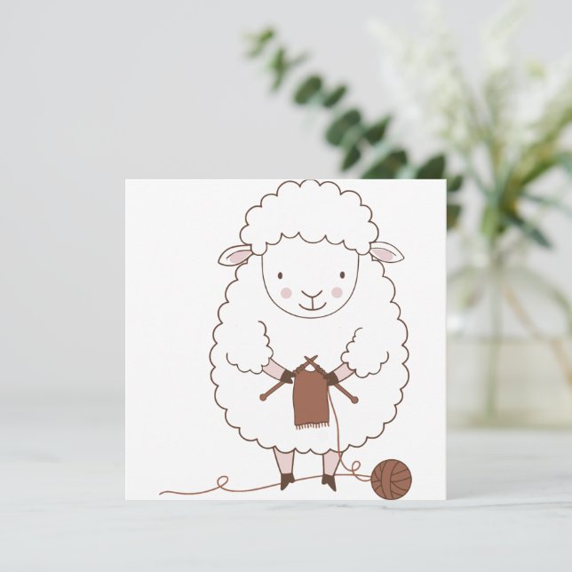 Cute Sheep Knitting Brown Wool Invitation (Standing Front)
