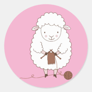 Cute Sheep Knitting Brown Yarn Classic Round Sticker