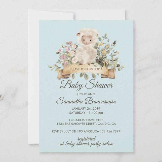 Cute Sheep Lamb Botanical Blue Baby Shower Invitation (Front)