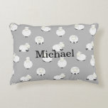 Cute Sheep Name Boy Decorative Cushion<br><div class="desc">Cute sheep pattern personalised with name pillow on grey and white polka dots  for the sweet baby boy in your life.  Perfect baby shower gift for the new baby boy.  Nursery decor.</div>
