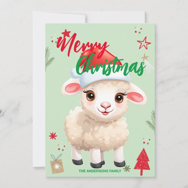 Cute sheep RAM santa Christmas Holiday Family name Card (Front)