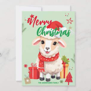 Cute sheep RAM santa Christmas Holiday Family name Card