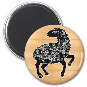 Cute Sheep Spirals Faux Wood Blue Eyes Folk Art  Magnet
