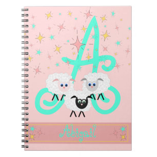 Cute Sheep & Stars Name & Initial Monogram Pink Notebook