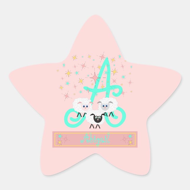 Cute Sheep & Stars Name & Initial Monogram Pink Star Sticker (Front)