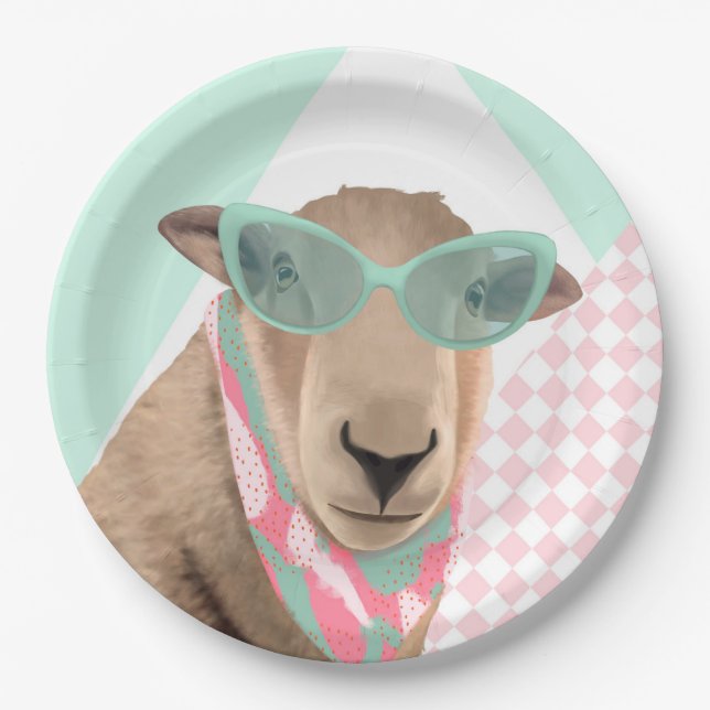 Cute Sheep With Glasses  Paper Plate (Front)