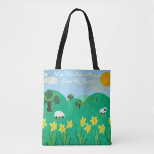 cute sheep with trees hills blue sky and daffodils tote bag