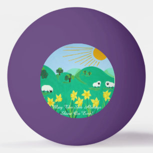 cute sheep with trees hills blue sky daffodils ping pong ball