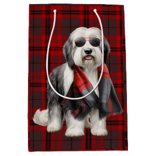 Cute Sheepdog and Red Plaid Funn Holiday Christmas Medium Gift Bag