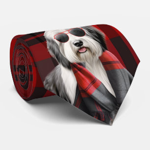 Cute Sheepdog and Red Plaid Funn Holiday Christmas Tie