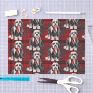 Cute Sheepdog and Red Plaid Funn Holiday Christmas Tissue Paper