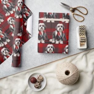 Cute Sheepdog and Red Plaid Funn Holiday Christmas Wrapping Paper