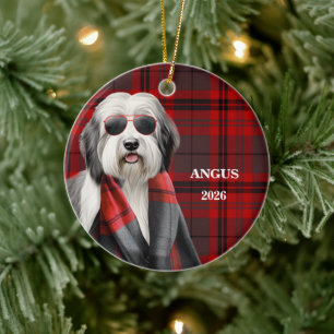 Cute Sheepdog and Red Plaid Personalised Dog Ceramic Tree Decoration