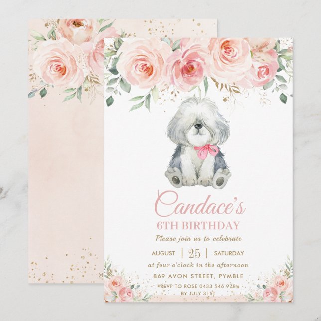 Cute Sheepdog Puppy Dog Pink Floral Girl Birthday Invitation (Front/Back)