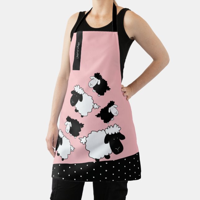 Cute Sheeps Illustration Black And White on Blush Apron (Insitu)