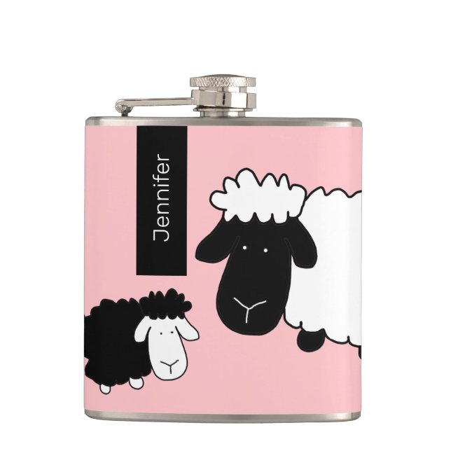 Cute Sheeps Illustration Black And White on Blush Hip Flask (Front)