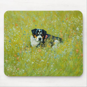 Cute Shepherd Mix Dog Whimsical Art Flowers  Mouse Pad