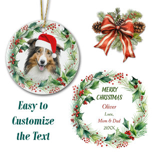 Cute Shetland Sheepdog Holly Wreath Christmas Ceramic Tree Decoration
