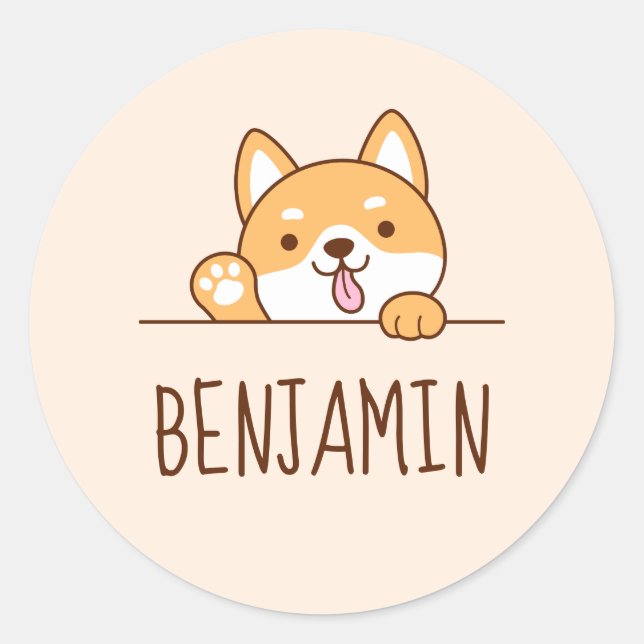 Cute Shiba Inu Corgi Dog Peeking Custom Name Classic Round Sticker (Front)