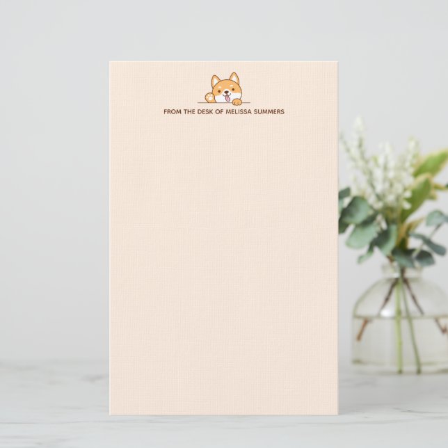 Cute Shiba Inu Corgi Dog Peeking Custom Text Beige Stationery (Standing Front)