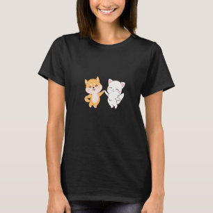 Cute Shiba Inu Dog and White Cat Chibis  Hand in H T-Shirt
