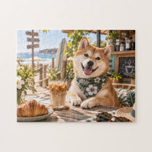 Cute Shiba Inu Dog at Sunny Beachside Coffee Café Jigsaw Puzzle