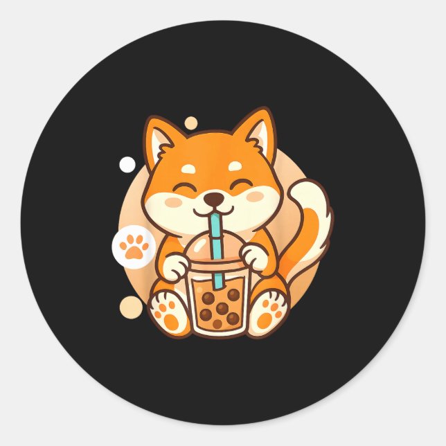 Cute Shiba Inu Dog Bubble Boba Tea Anime Kawaii Ne Classic Round Sticker (Front)