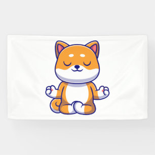 Cute shiba inu dog doing yoga meditation cartoon banner