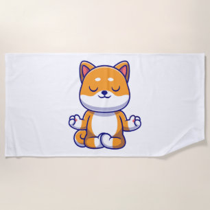 Cute shiba inu dog doing yoga meditation cartoon beach towel