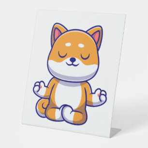 Cute shiba inu dog doing yoga meditation cartoon   pedestal sign