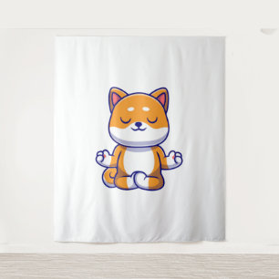 Cute shiba inu dog doing yoga meditation cartoon tapestry
