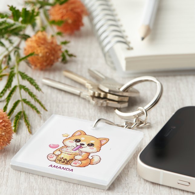  Cute Shiba Inu Dog Drinking Bubble Tea Add Name Key Ring (Front Right)