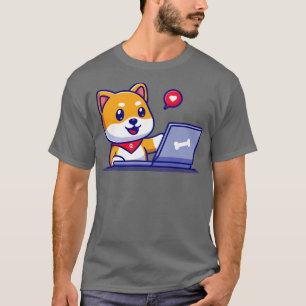Cute Shiba Inu Dog Working On Laptop Cartoon T-Shirt
