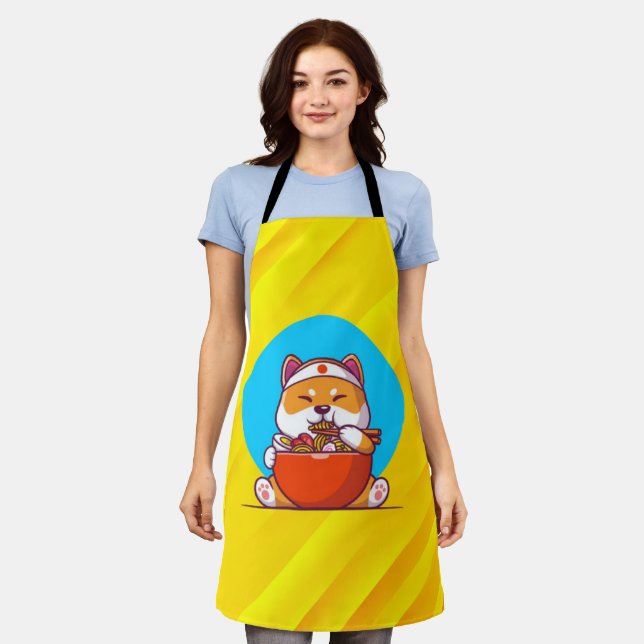 Cute Shiba Inu Eating Ramen Noodle Cartoon-23054 Apron (Worn)