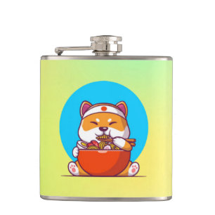 Cute Shiba Inu Eating Ramen Noodle Cartoon Hip Flask