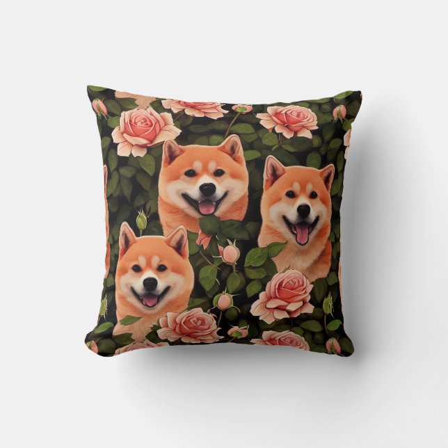 Cute Shiba Inu Enchanted Pink Rose Garden Cushion (Front)