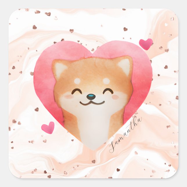 Cute Shiba Inu in a Heart Square Sticker (Front)