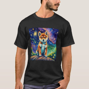 Cute Shiba Inu Puppy Dog In A Starry Night Dog Art T-Shirt