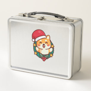 Cute Shiba Inu Smiling with Xmas Hat Active  Metal Lunch Box